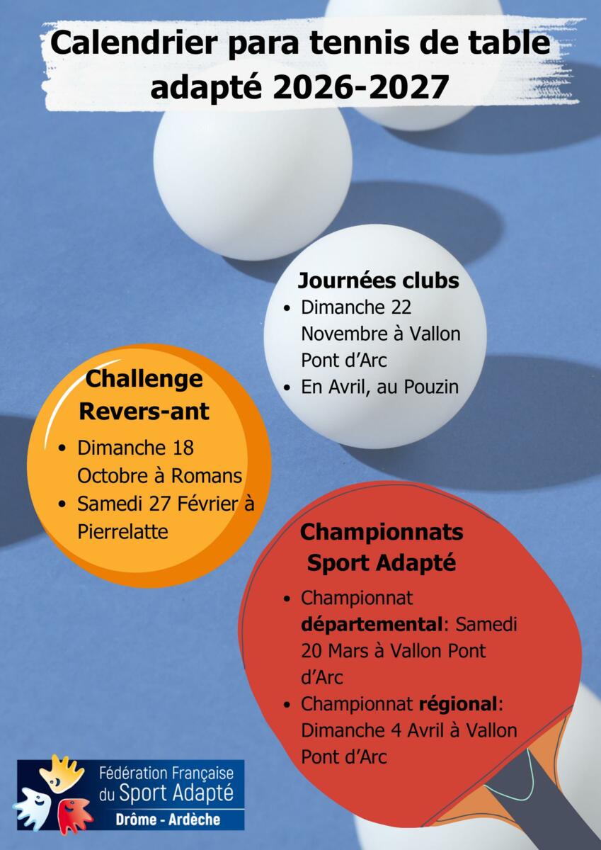 Calendrier Para Tennis de Table Adapté 2026-2027